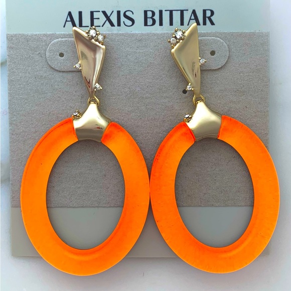 ALEXIS BITTAR • Rare Neon Orange Lucite Liquid Gold Crystal Post Hoop Earrings - Picture 5 of 8